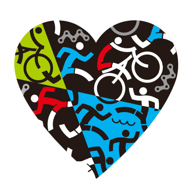 ilustraciones, imágenes clip art, dibujos animados e iconos de stock de me encanta el triatlón, símbolo del corazón. - triathlon sport symbol swimming