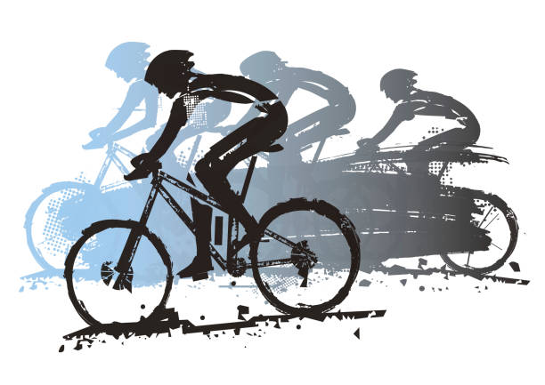 ilustraciones, imágenes clip art, dibujos animados e iconos de stock de ciclistas de bicicleta de montaña, grunge estilizado. - cyclo cross