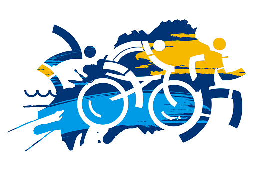 Expressive dynamic drawing Three triathlon athletes on the grunge background. Vector available.