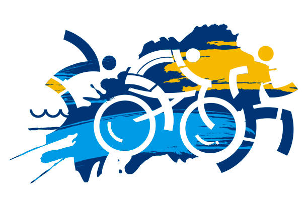 Three Triathlon Racers. Expressive dynamic drawing Three triathlon athletes on the grunge background. Vector available. triathlon stock illustrations