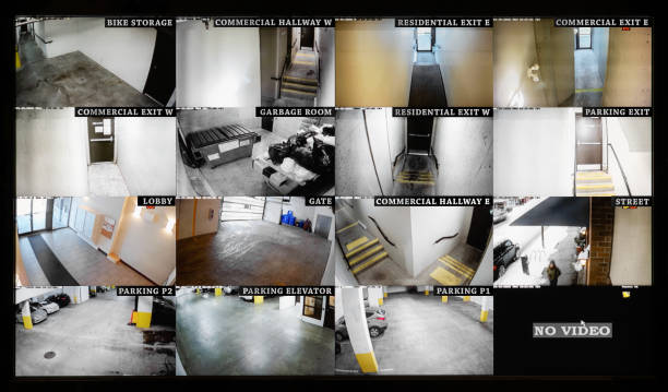 Security camera monitoring screen with 16 camera slots. Small high end system of residential, commercial or strata building. Parking, gate, garbage and recycling room, staircase and hallway. building entrance photos stock pictures, royalty-free photos & images