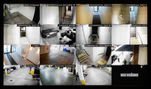 Security camera monitoring screen with 16 camera slots. Small high end system of residential, commercial or strata building. Parking, gate, garbage and recycling room, staircase and hallway. watching stock pictures, royalty-free photos & images