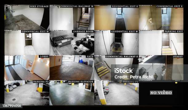 Security Camera Monitoring Screen With 16 Camera Slots Stock Photo - Download Image Now