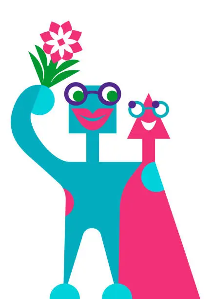 Vector illustration of Man hugs a woman and gives her flowers.