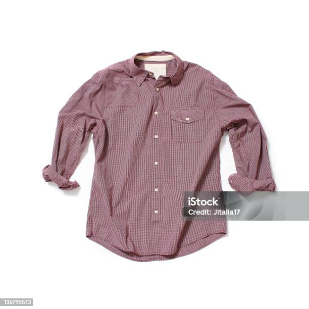 Red Buttondown Shirt On White Background Stock Photo - Download Image Now - Button Down Shirt, Rolled-Up Sleeves, White Color