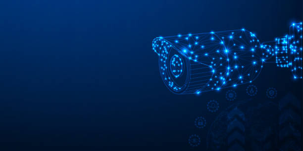 Modern CCTV, the concept of surveillance and monitoring. Modern CCTV, the concept of surveillance and monitoring. Abstract Low Poly Wireframe Mesh Design From Connection Points and Lines Futuristic design illustration on dark blue background. cctv camera overlay stock pictures, royalty-free photos & images