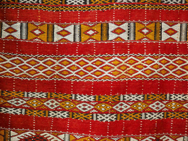 istock Handmade pattern decorated cloth or textile rug on display at street market in Morocco 1367959699