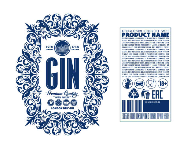 ilustraciones, imágenes clip art, dibujos animados e iconos de stock de plantilla de etiqueta decorativa para ginebra - gin