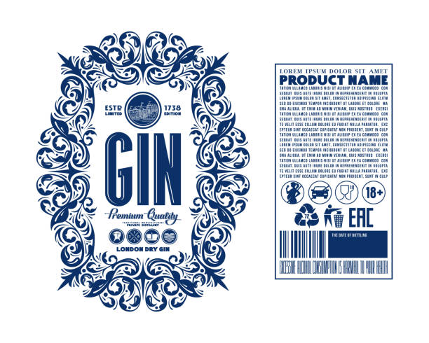 Template decorative label for gin Template decorative label for gin and other alcohol drink. Typographic with ornamental frame in floral style. Vector illustration. Blue print on white background gin stock illustrations