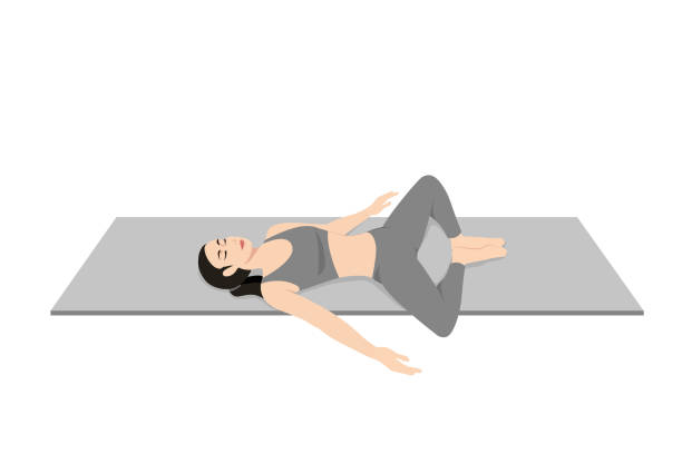 리클라이닝 바운드 앵글 포즈, 수파 바다 코나사나, 리클라이닝 코블러 포즈, 고정 각도 포즈 - relaxation lying on back women meditating stock illustrations