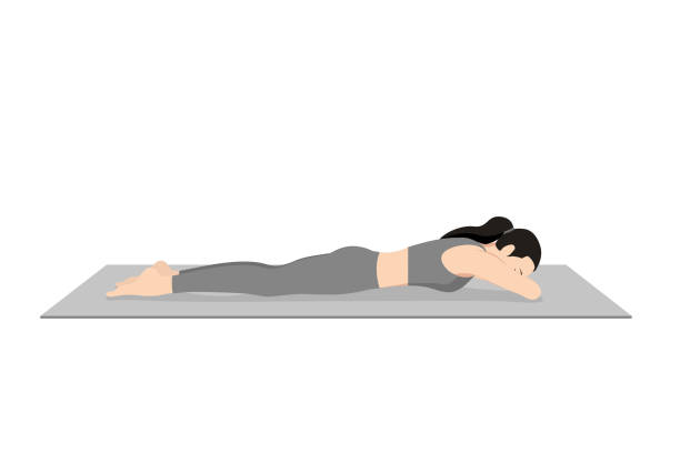 ilustrações, clipart, desenhos animados e ícones de crocodilo pose, makarasana, nakarasana - relaxation lying on back women meditating