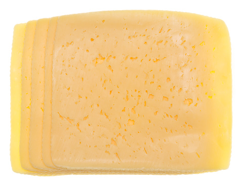Pile of cheese slices on white background