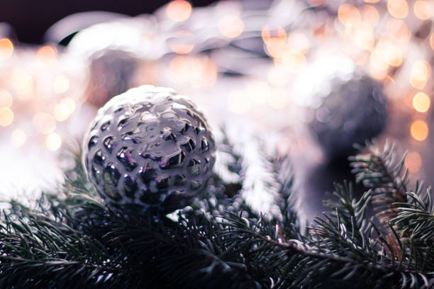 Christmas toy, silver ball on Christmas tree branch. Copy space
