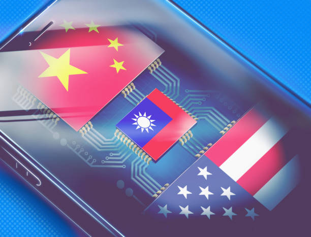 Taiwan represented as a microchip in phone. Taiwan represented as a microchip in conceptual illustration of security crisis with relations to China. taiwan stock illustrations