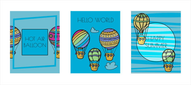 istock Doodle vector banners of hot air balloons with clouds. Colorful hand draw illustration flying vehicles. Romantic balloons. Sky with tourist balloons for flight. Cartoon style 1367964954