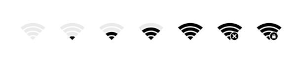 Wireless icon set. No wifi. Different levels of Wi Fi signal. Free wi-fi. Locked wi-fi. Vector illustration on white background Wireless icon set. No wifi. Different levels of Wi Fi signal. Free wi-fi. Locked wi-fi. Vector illustration on white background cross off stock illustrations