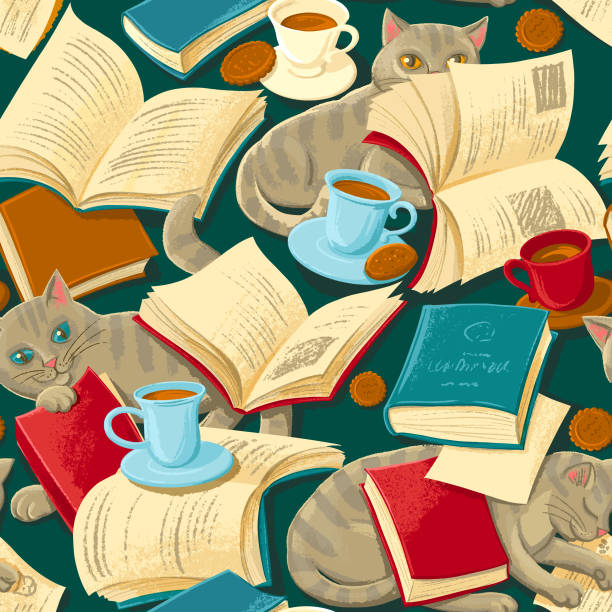 Books and cats. Cosy seamless pattern with books, cats, cups of tea and cakes on deep green, background illustration seamless repeatable pattern, background illustration books, cats, cups of tea and cakes for paper, textile and other surfaces book binding illustrations stock illustrations