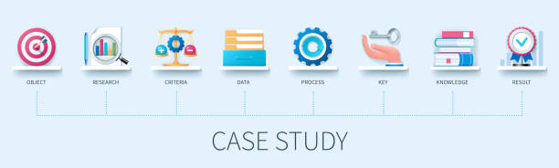 Case study infographic in 3D style Case study concept with icons. object, research, criteria, data, process, key, knowledge, result. Business concept. Web vector infographic in 3D style graphic design case study stock illustrations