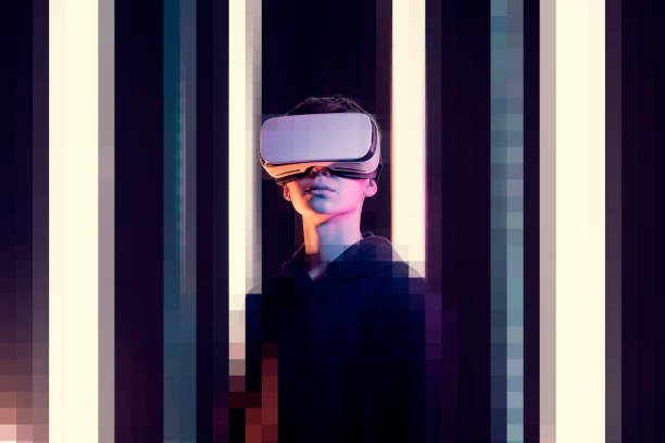 Cool teenager wearing a VR headset and experiencing virtual reality, technology and gaming concept