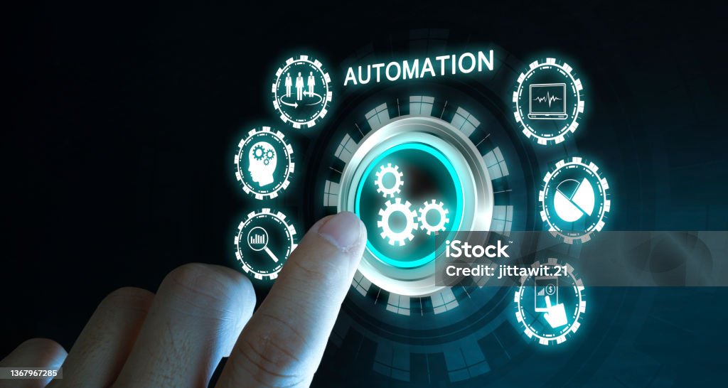 Automation Software Technology Process System Business concept. Automation Software Technology Process System Business concept. Hand touching automation button inscription Automated Stock Photo
