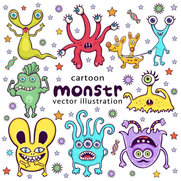 Vector illustration of Set of cute monsters funny cartoon character, hand drawing. Collection multicolored scary hilarious fairy tale hero isolated on white background with bright stars, candies. Vector illustration