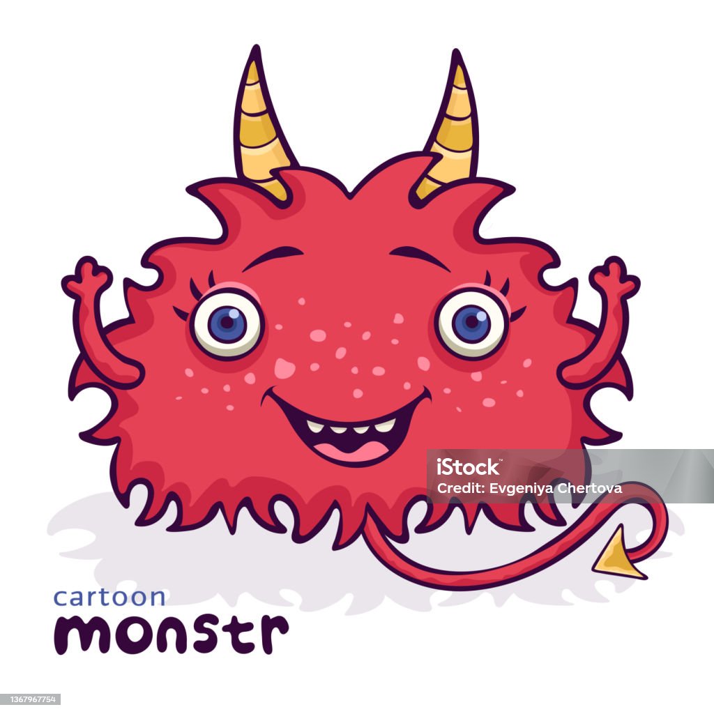 Cute Monster Funny Cartoon Character Colorful Hand Drawing Cheerful Red  Fluffy Fairy Tale Creature Smiling With Horns And Tail Isolated On White  Background Vector Illustration Stock Illustration - Download Image Now -  iStock