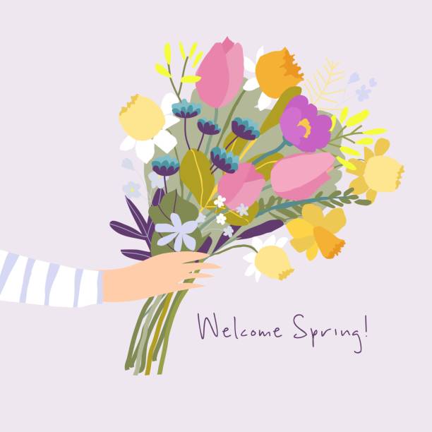 ilustraciones, imágenes clip art, dibujos animados e iconos de stock de manos de dibujos animados sosteniendo un ramo de flores de primavera - ramos
