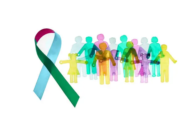 Rare Disease Day Background. Colorful awareness ribbon with group of people with rare diseases