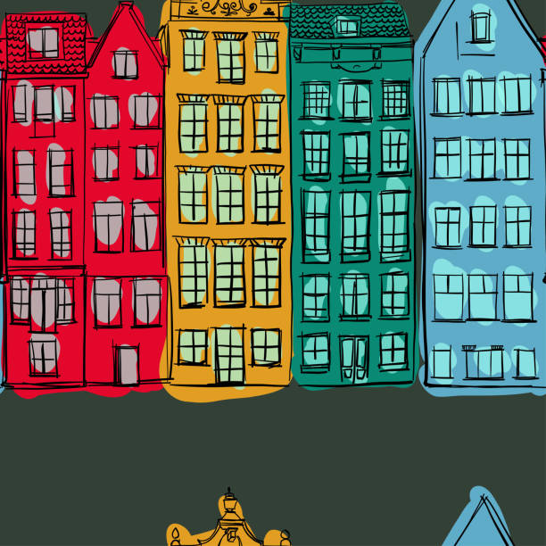 Copenhagen vector pattern Old city buildings vector pattern illustration. Antique northern city infrastructure. Bright color historical houses. Red, yellow, green and blue buildings on the deep green background. yellow red green background stock illustrations