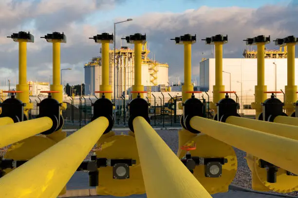 Photo of valve and liquefied gas pump station in the LNG terminal