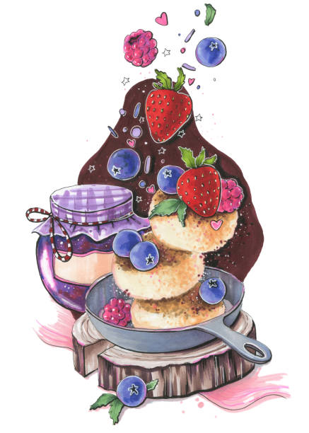 istock illustration sketch with markers food breakfast cottage cheese pancakes with berries strawberries and blueberries jam healthy food diet 1367968916