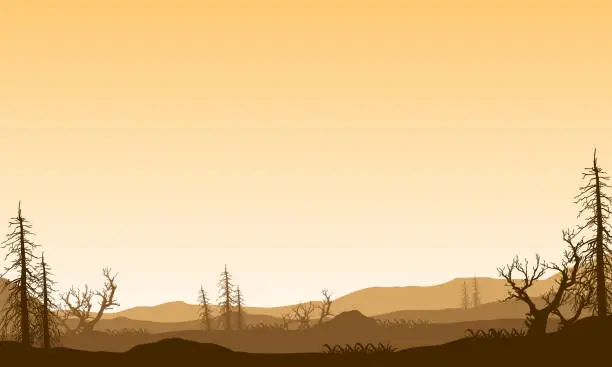 Vector illustration of Stunning mountain view with dry trees silhouetted from the riverside in the morning