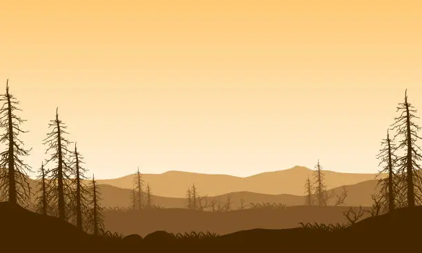 Vector illustration of Great mountain view with dry forest and trees all around