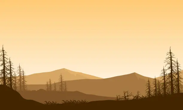 Vector illustration of Incredible the of the mountains in the morning from the edge of the city with dry trees