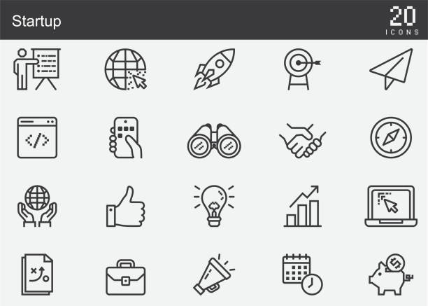 Startup Line Icons Startup Line Icons smart phone telephone research tax stock illustrations