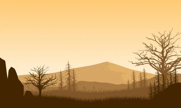 Vector illustration of Dramatic forest and mountain views from the edge of the village at night