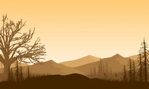 Vector illustration of Mountain view with forest from outside the city in the evening