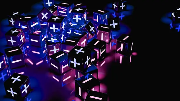 Backdrop of black cubes with luminous plus and minus symbols. 3d Rendering