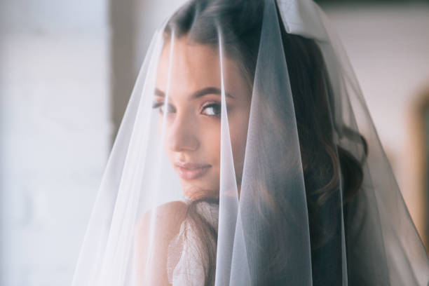 Beautiful bride portrait with veil over her face. Closeup portrait of young gorgeous bride. Wedding. stock photo