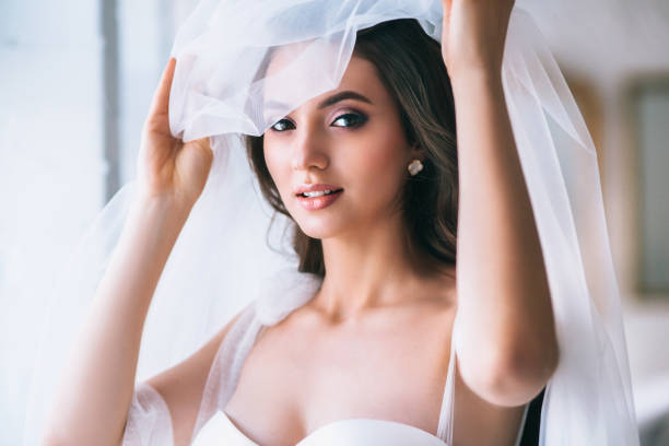 Close-up of beautiful bride portrait with veil over her face. Bridal make-up stock photo