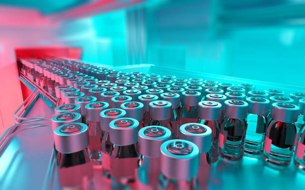 Pharmaceutical manufacturing production line for vaccination vials Pharmaceutical production line for vaccination manufacturing. Close up of glass vials with caps and blank labels moving on a conveyor belt. Industrial background, manufacturing equipment. Red and blue hues. Digitally generated image. Selective focus. pharmaceutical factory stock pictures, royalty-free photos & images