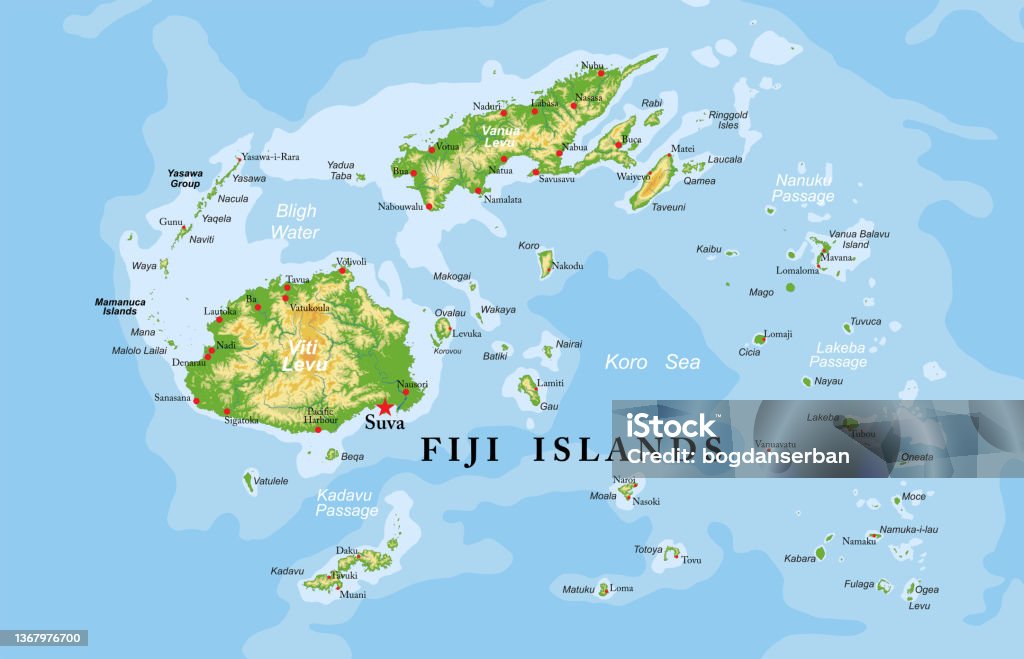 Fiji islands highly detailed physical map Highly detailed physical map of Fiji islands,in vector format,with all the relief forms,regions and big cities. Fiji stock vector