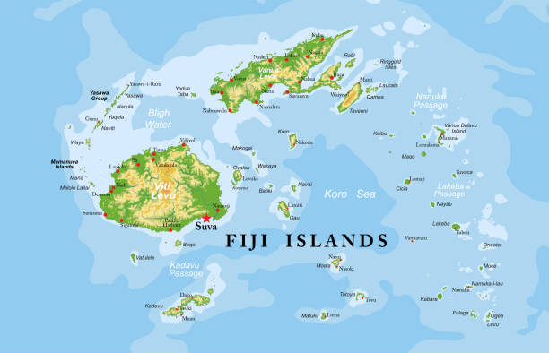 Fiji islands highly detailed physical map Highly detailed physical map of Fiji islands,in vector format,with all the relief forms,regions and big cities. fiji stock illustrations