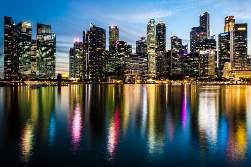 View of downtown Singapore at night.