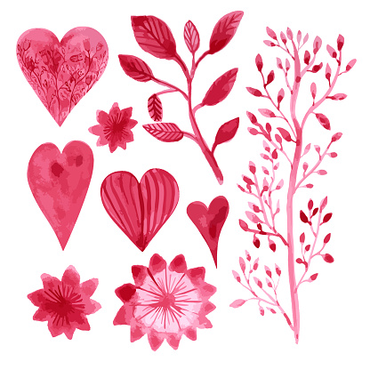 Pink hearts and floral elements isolated. Set of Valentine's day illustrations.