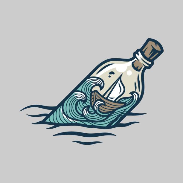 ilustraciones, imágenes clip art, dibujos animados e iconos de stock de bote balanceándose sobre las olas dentro de la botella. - storm pirate sea nautical vessel