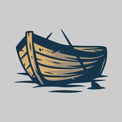 Wooden boat on waves or and paddle