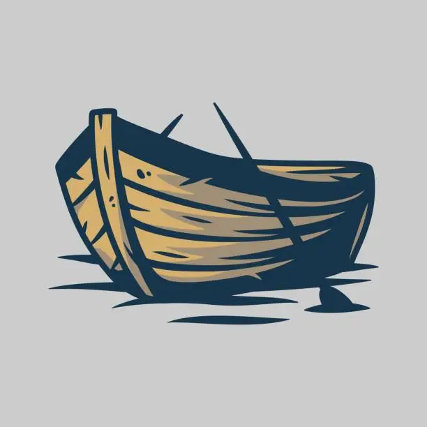 Vector illustration of Wooden boat on waves or and paddle