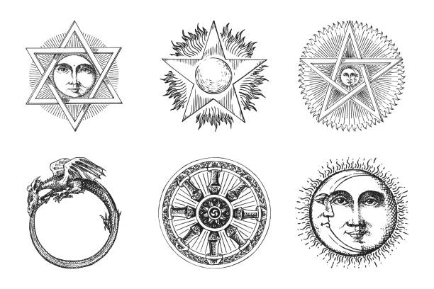 Freemasonry and mystical symbols, drawn sketches. Set of vector illustrations in engraving style. Vintage pastiche of esoteric and occult signs. Freemasonry and mystical symbols, drawn sketches. Set of vector illustrations in engraving style. Vintage pastiche of esoteric and occult signs. pentagram stock illustrations