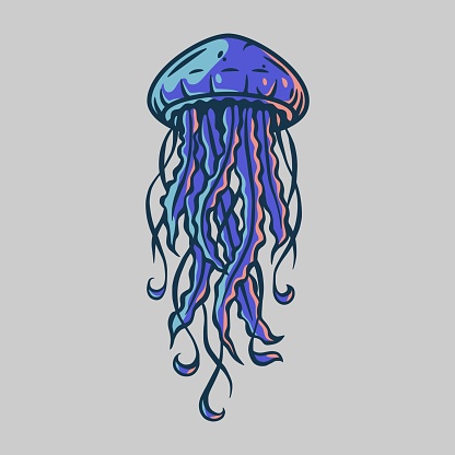 Sketch of oceanic jellyfish in color. Vector marine nautical collection